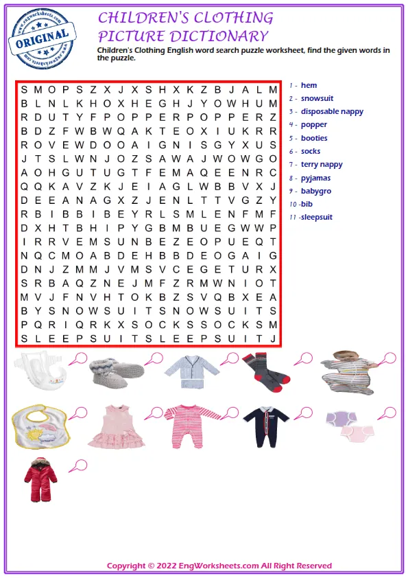 Children's Clothing English word search puzzle worksheet, find the given words in the puzzle. Worksheet Preview