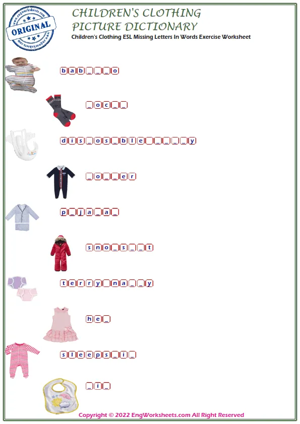 Children's Clothing ESL Missing Letters In Words Exercise Worksheet