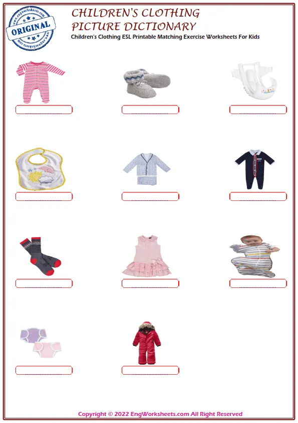 Children's Clothing ESL Printable Matching Exercise Worksheets For Kids