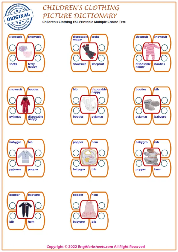 Children's Clothing ESL Printable Multiple Choice Test.