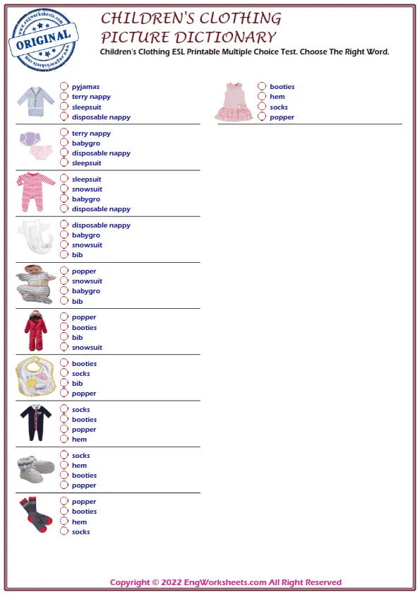 Children's Clothing ESL Printable Multiple Choice Test. Choose The Right Word. Worksheet Preview