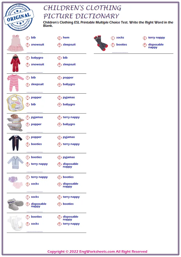 Children's Clothing ESL Printable Multiple Choice Test. Write the Right Word in the Blank.