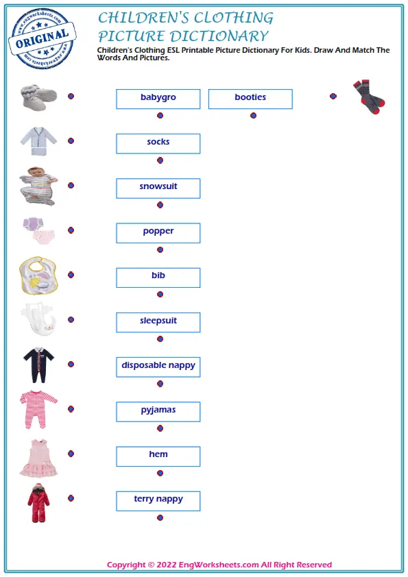 Children's Clothing ESL Printable Picture Dictionary For Kids. Draw And Match The Words And Pictures.