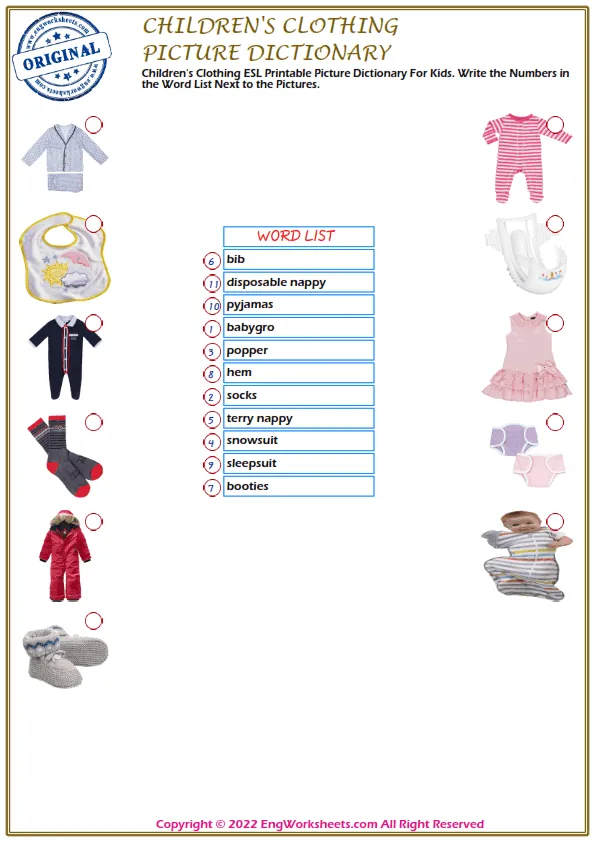 Children's Clothing ESL Printable Picture Dictionary For Kids. Write the Numbers in the Word List Next to the Pictures.