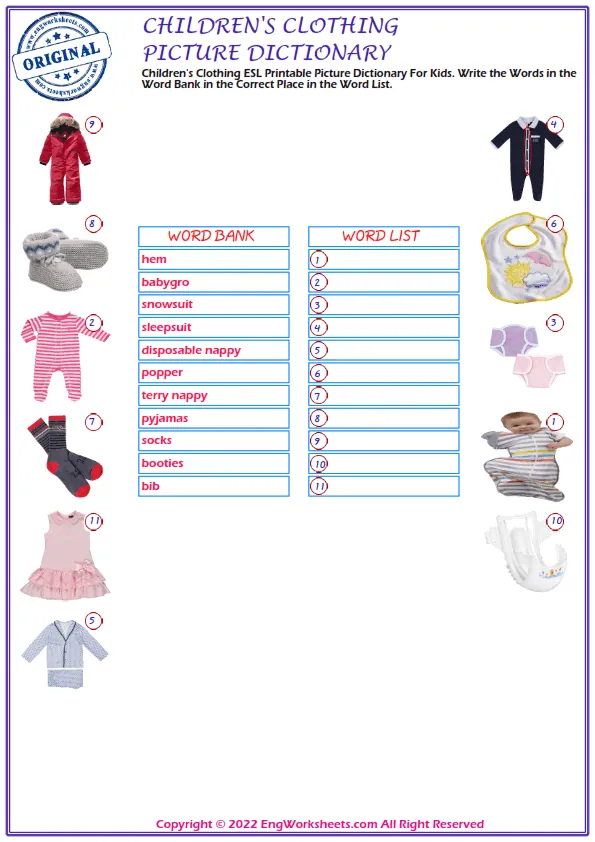 Children's Clothing ESL Printable Picture Dictionary For Kids. Write the Words in the Word Bank in the Correct Place in the Word List.