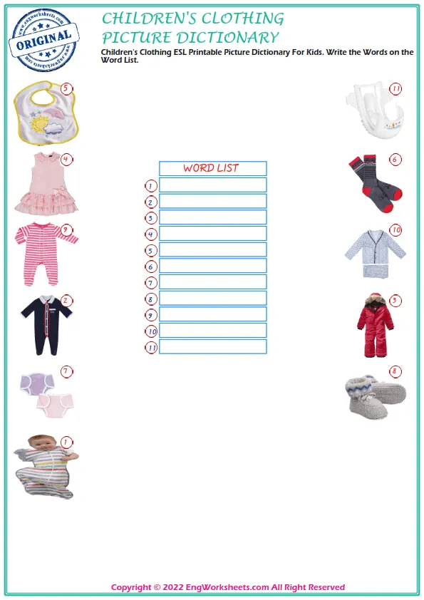 Children's Clothing ESL Printable Picture Dictionary For Kids. Write the Words on the Word List. Worksheet Preview