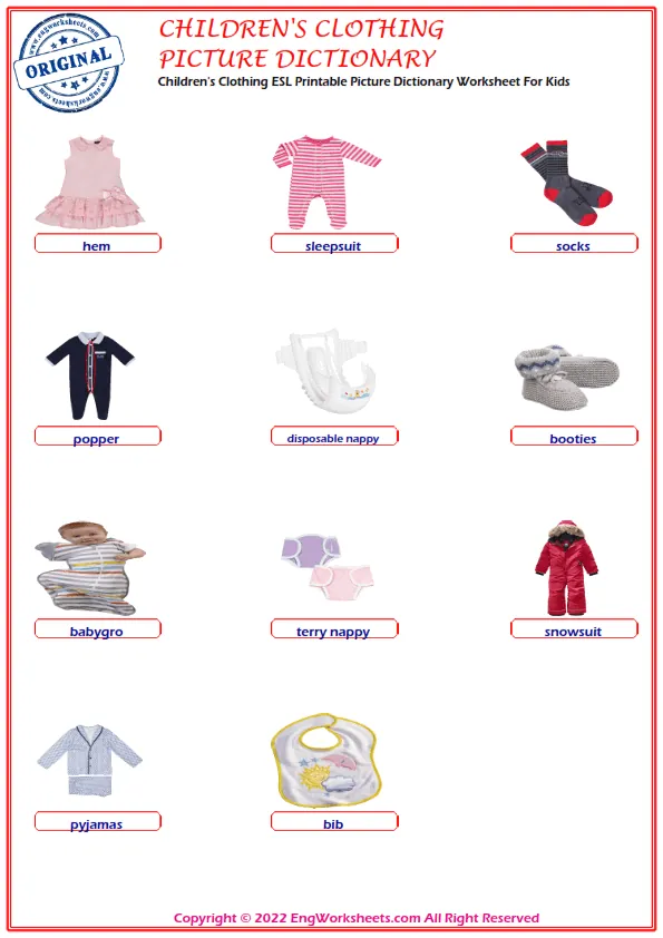 Children's Clothing ESL Printable Picture Dictionary Worksheet For Kids