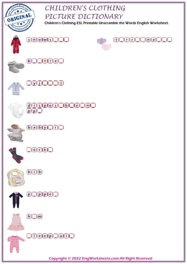 Children's Clothing ESL Printable Unscramble the Words English Worksheet. Worksheet Preview