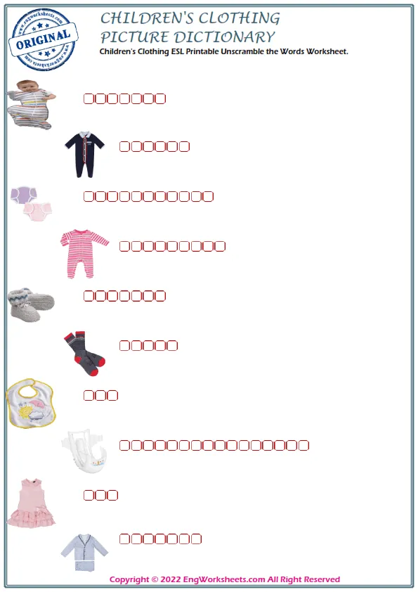 Children's Clothing ESL Printable Unscramble the Words Worksheet.
