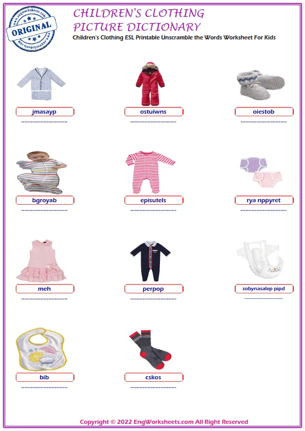 Children's Clothing ESL Printable Unscramble the Words Worksheet For Kids