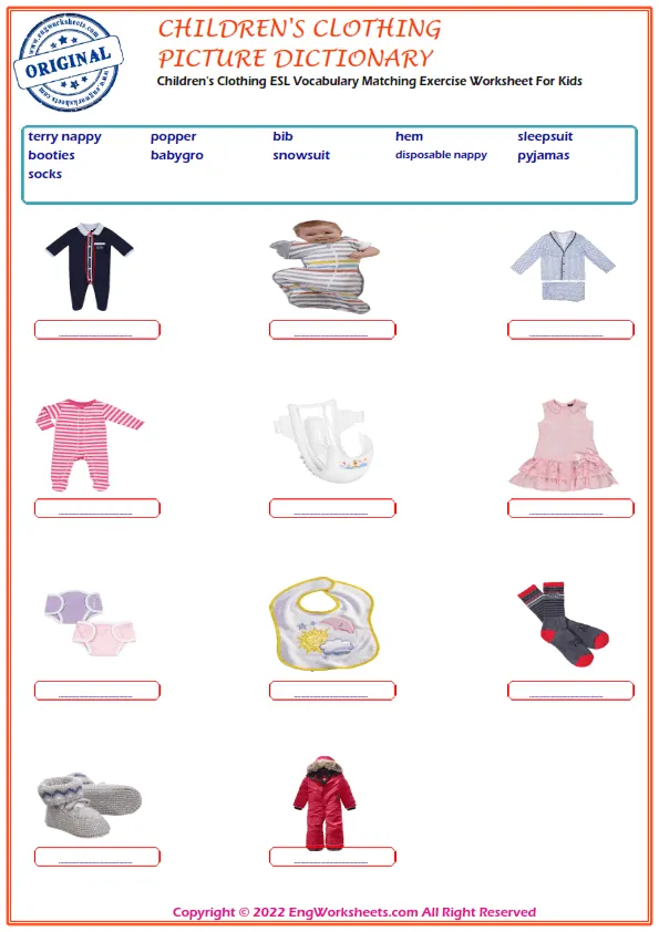 Children's Clothing ESL Vocabulary Matching Exercise Worksheet For Kids