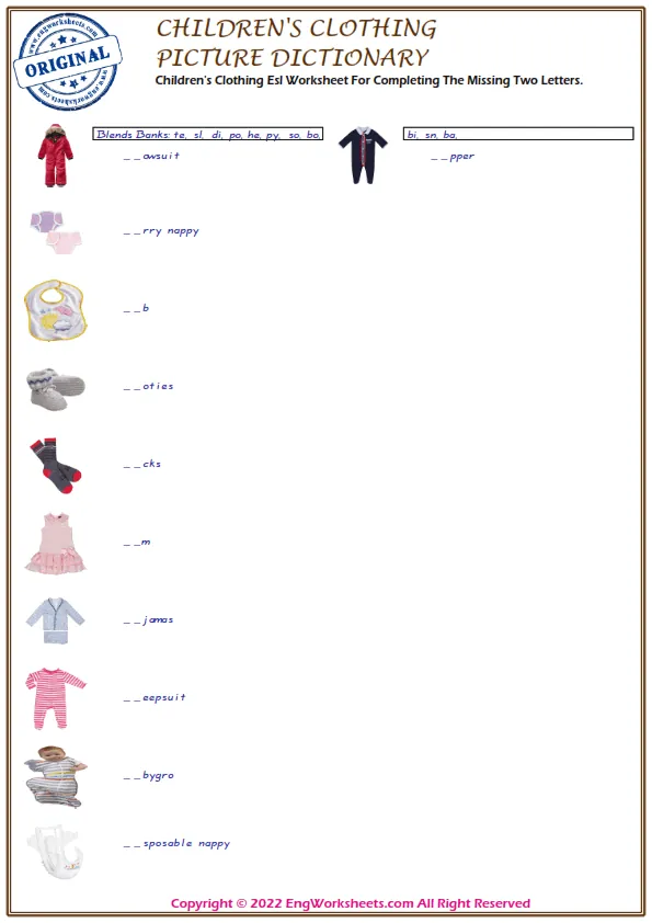 Children's Clothing Esl Worksheet For Completing The Missing Two Letters.
