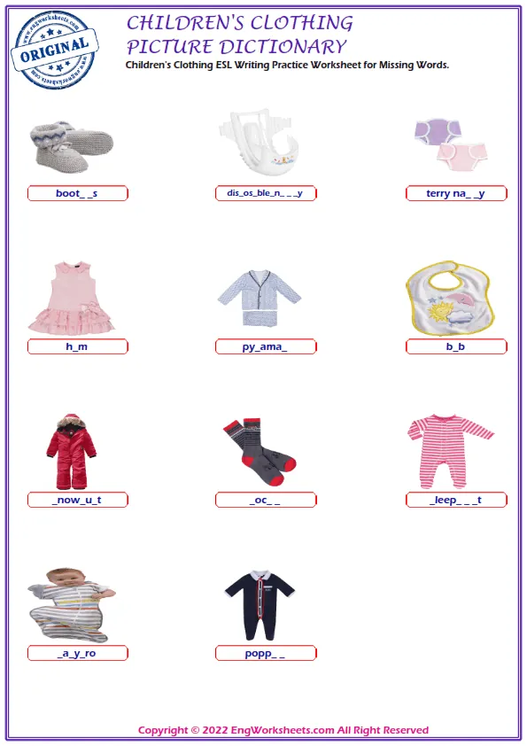Children's Clothing ESL Writing Practice Worksheet for Missing Words.