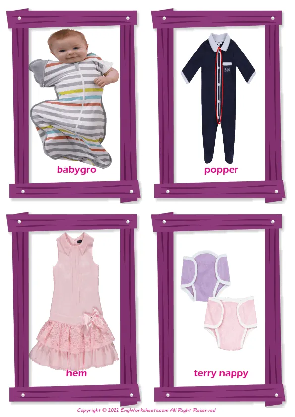 Children's Clothing vocabulary worksheet with words, four images per page