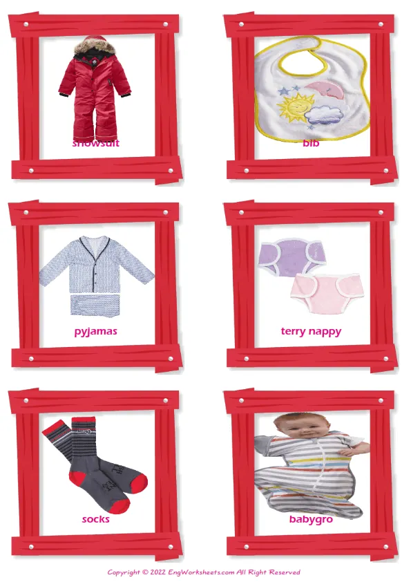 Children's Clothing vocabulary worksheet with words, six images per page