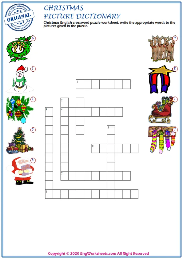 Christmas English crossword puzzle worksheet, write the appropriate words to the pictures given in the puzzle. Worksheet Preview