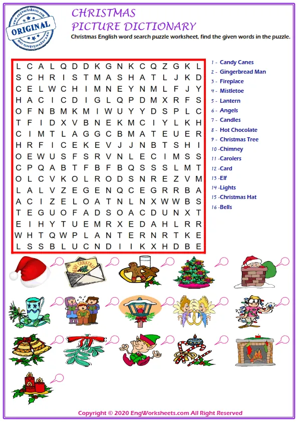 Christmas English word search puzzle worksheet, find the given words in the puzzle.