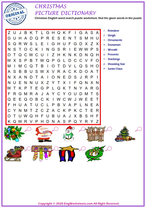 Christmas English word search puzzle worksheet, find the given words in the puzzle. Worksheet Preview
