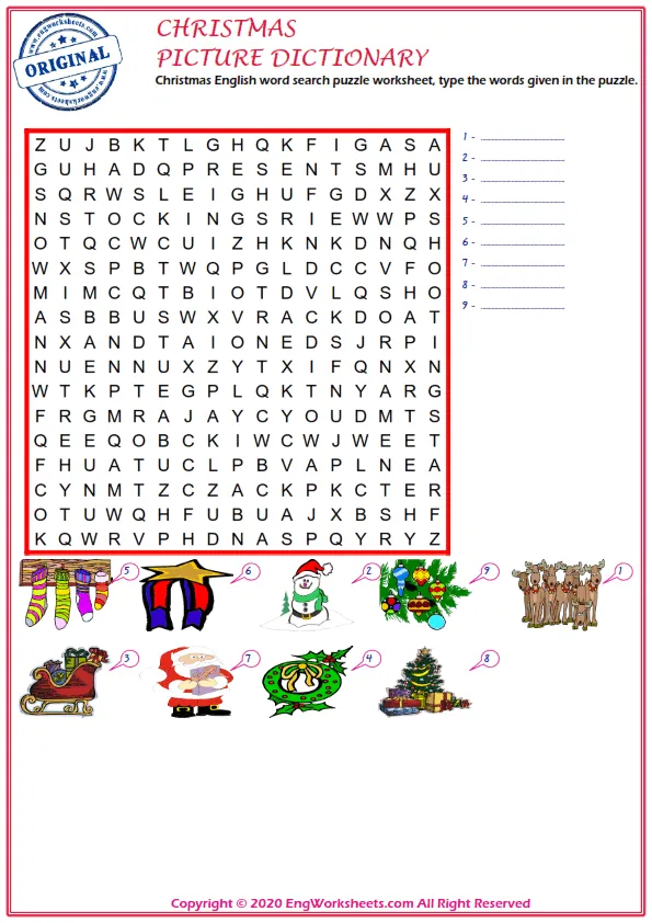 Christmas English word search puzzle worksheet, type the words given in the puzzle. Worksheet Preview