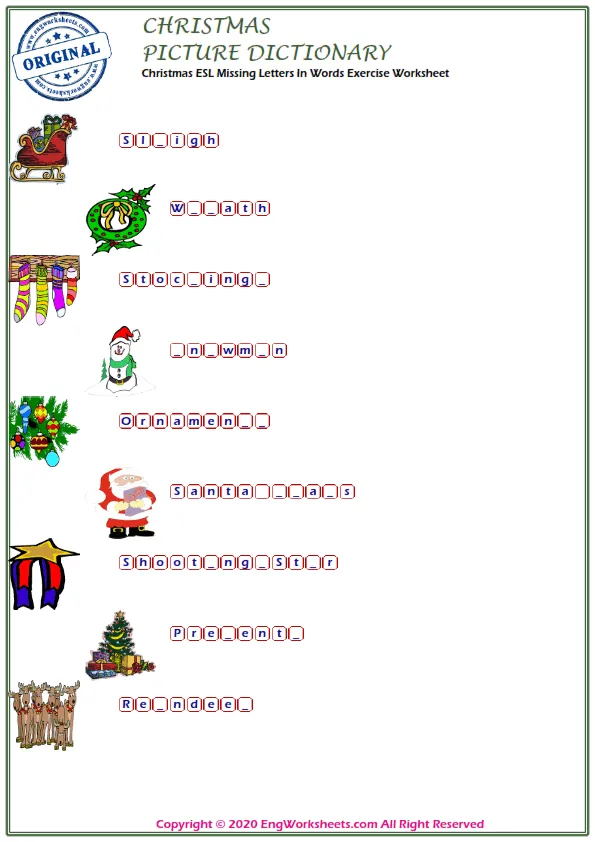 Christmas ESL Missing Letters In Words Exercise Worksheet Worksheet Preview