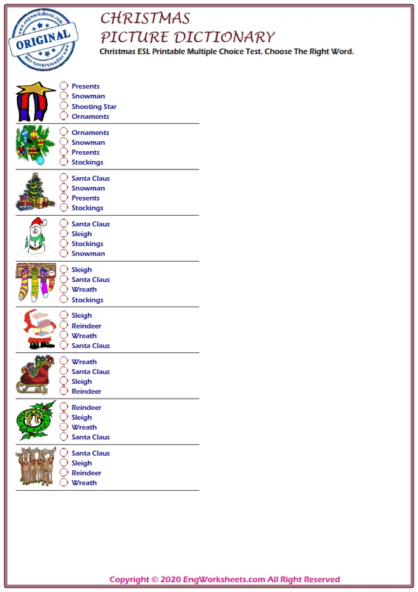 Christmas ESL Printable Multiple Choice Test. Choose The Right Word. Worksheet Preview