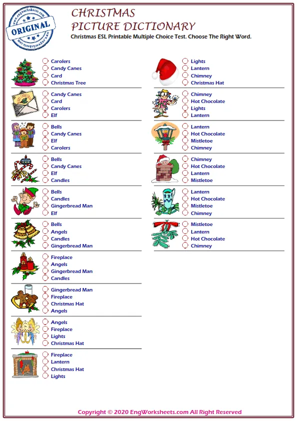 Christmas ESL Printable Multiple Choice Test. Choose The Right Word.