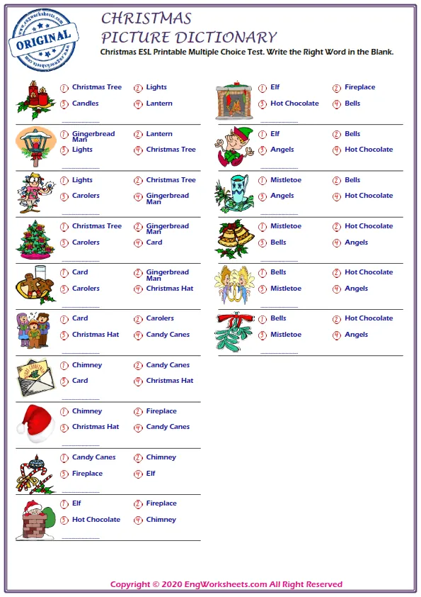 Christmas ESL Printable Multiple Choice Test. Write the Right Word in the Blank.
