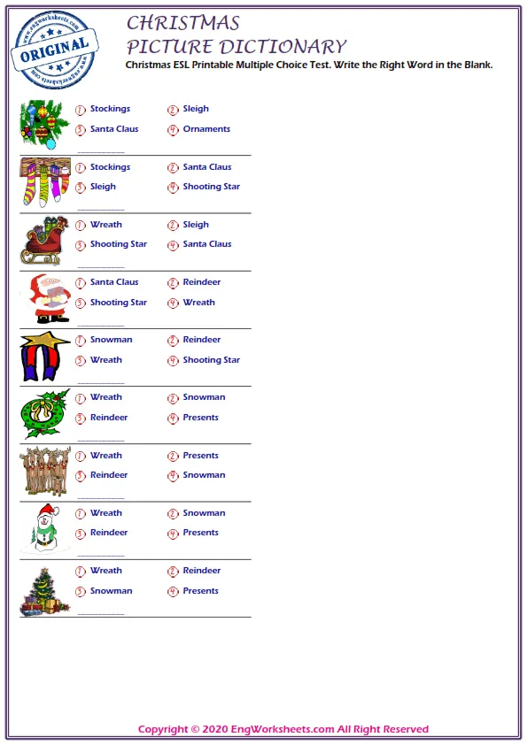 Christmas ESL Printable Multiple Choice Test. Write the Right Word in the Blank. Worksheet Preview