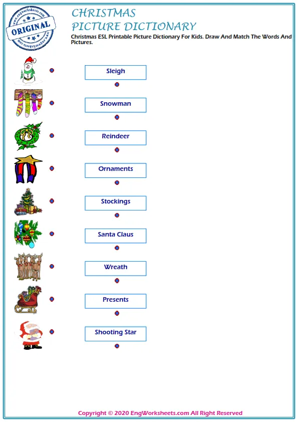 Christmas ESL Printable Picture Dictionary For Kids. Draw And Match The Words And Pictures. Worksheet Preview
