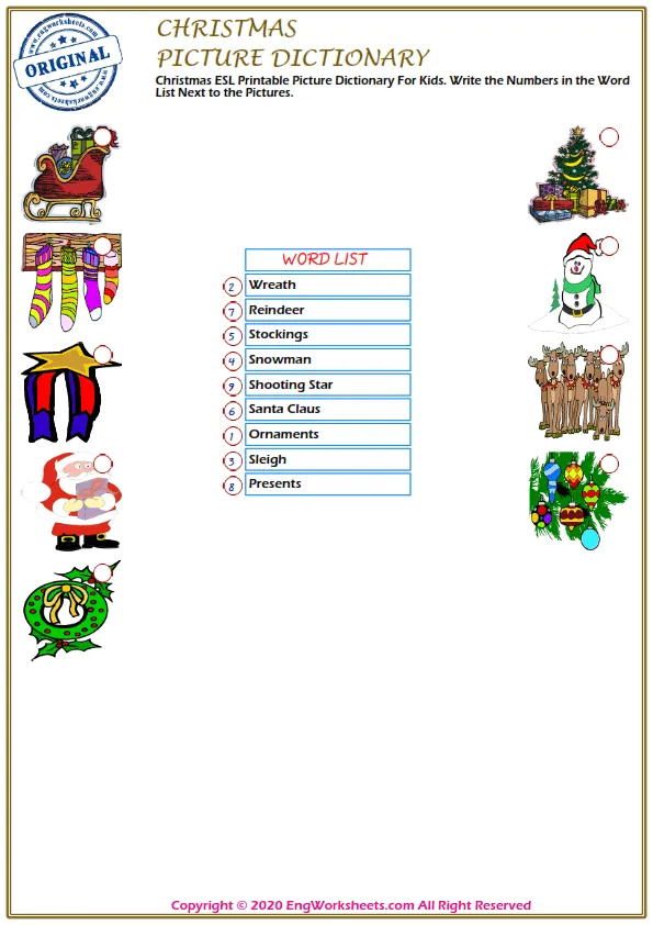 Christmas ESL Printable Picture Dictionary For Kids. Write the Numbers in the Word List Next to the Pictures. Worksheet Preview