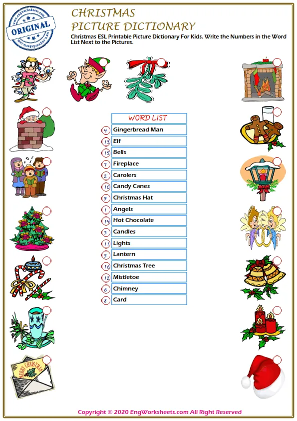 Christmas ESL Printable Picture Dictionary For Kids. Write the Numbers in the Word List Next to the Pictures.