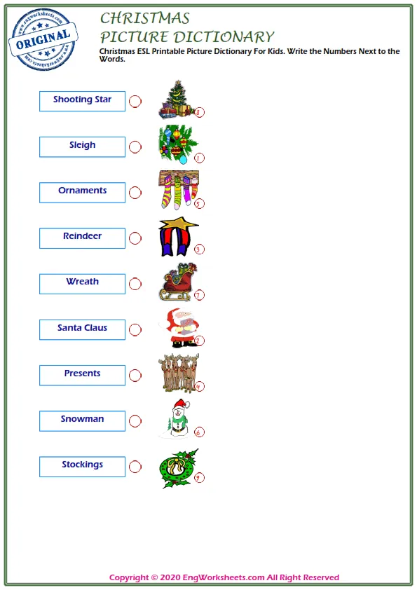 Christmas ESL Printable Picture Dictionary For Kids. Write the Numbers Next to the Words. Worksheet Preview