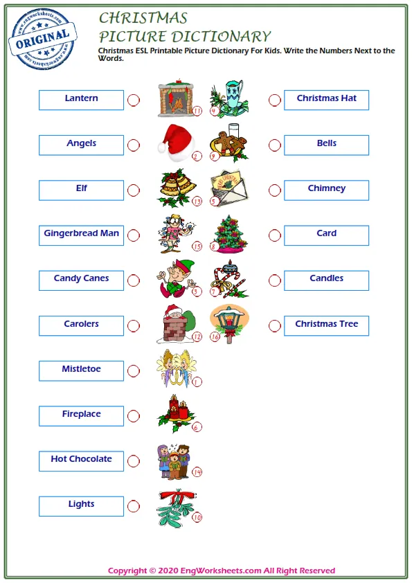 Christmas ESL Printable Picture Dictionary For Kids. Write the Numbers Next to the Words.