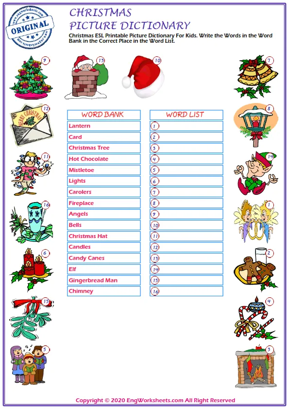 Christmas ESL Printable Picture Dictionary For Kids. Write the Words in the Word Bank in the Correct Place in the Word List.
