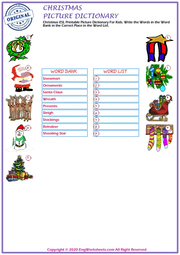 Christmas ESL Printable Picture Dictionary For Kids. Write the Words in the Word Bank in the Correct Place in the Word List. Worksheet Preview