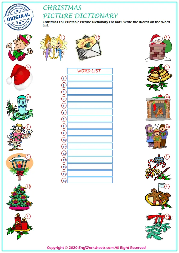 Christmas ESL Printable Picture Dictionary For Kids. Write the Words on the Word List.