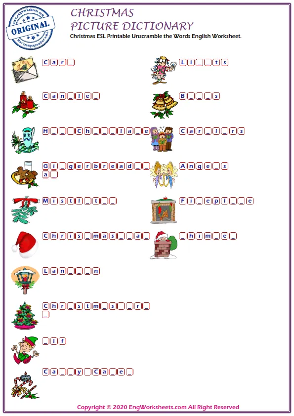 Christmas ESL Printable Unscramble the Words English Worksheet.
