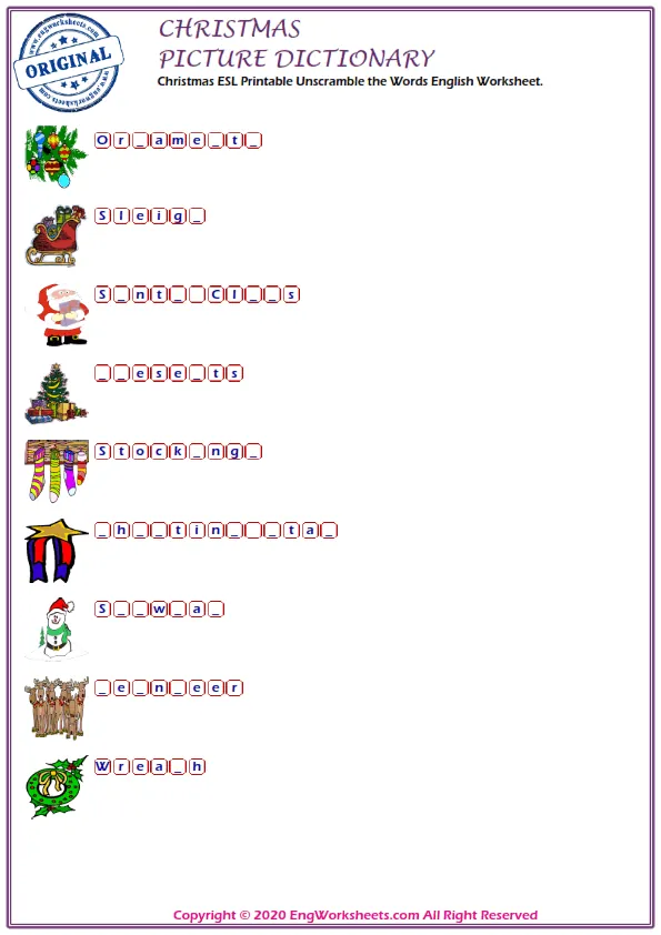 Christmas ESL Printable Unscramble the Words English Worksheet. Worksheet Preview
