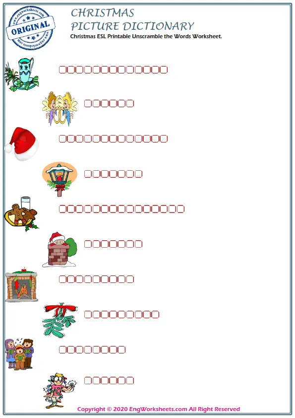 Christmas ESL Printable Unscramble the Words Worksheet.