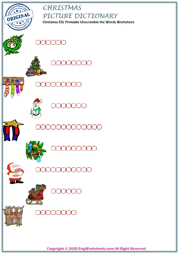 Christmas ESL Printable Unscramble the Words Worksheet. Worksheet Preview