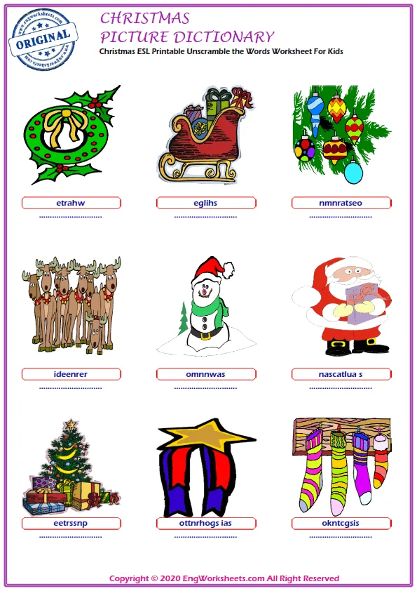 Christmas ESL Printable Unscramble the Words Worksheet For Kids Worksheet Preview