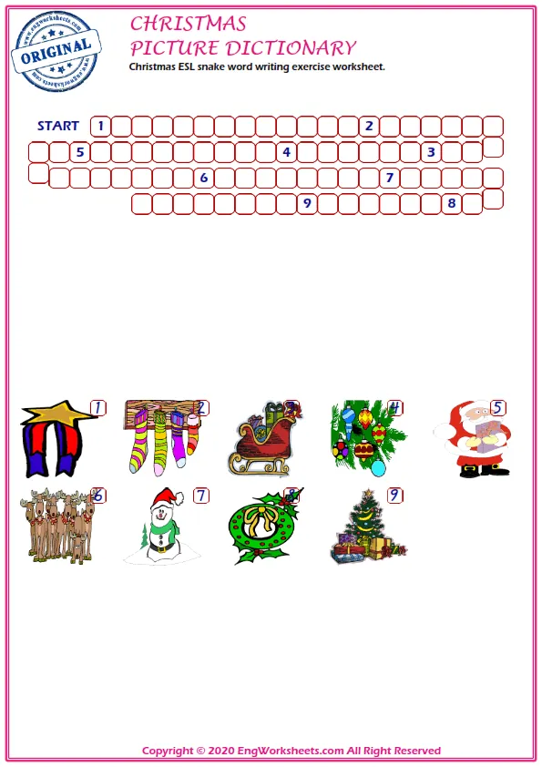 Christmas ESL snake word writing exercise worksheet. Worksheet Preview