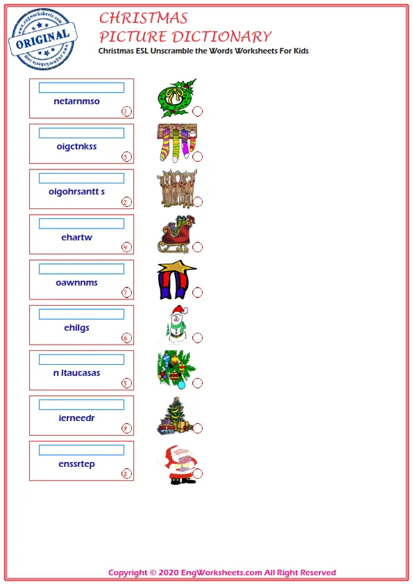 Christmas ESL Unscramble the Words Worksheets For Kids Worksheet Preview