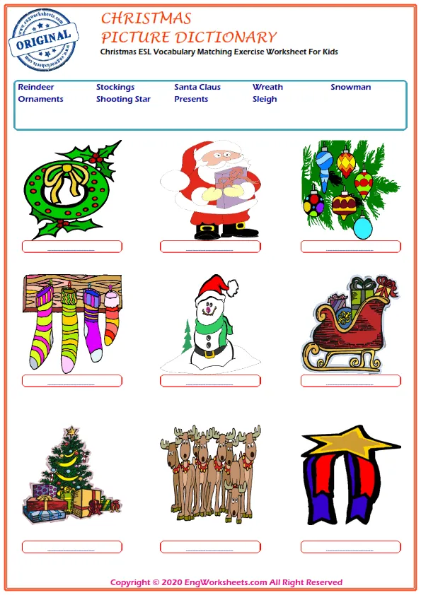Christmas ESL Vocabulary Matching Exercise Worksheet For Kids Worksheet Preview