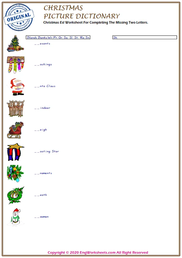 Christmas Esl Worksheet For Completing The Missing Two Letters. Worksheet Preview