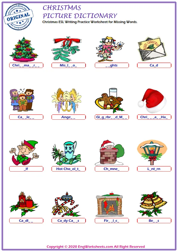 Christmas ESL Writing Practice Worksheet for Missing Words.