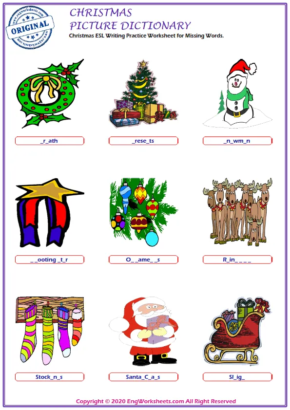 Christmas ESL Writing Practice Worksheet for Missing Words. Worksheet Preview
