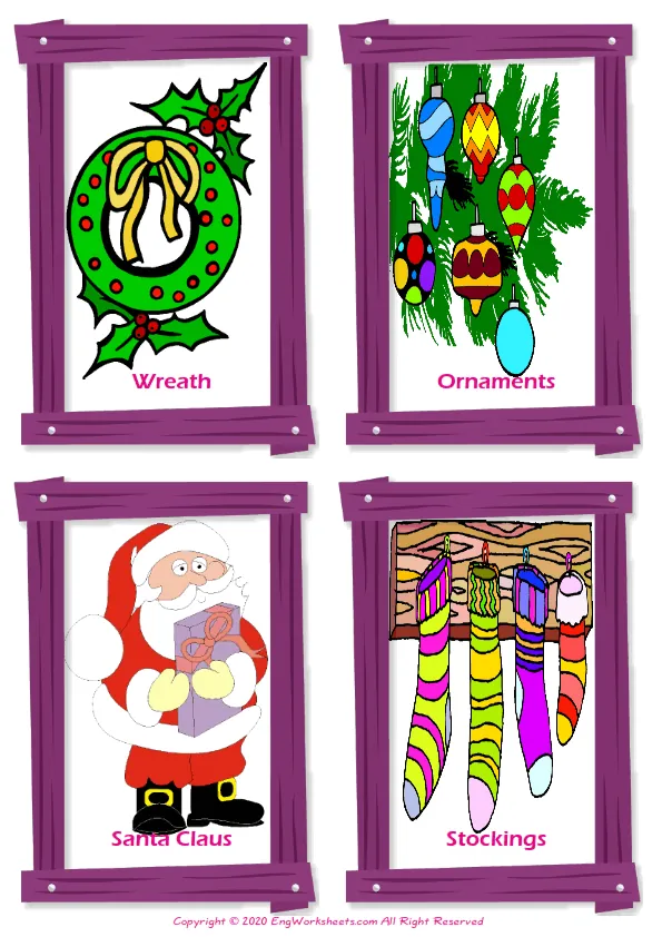 Christmas vocabulary worksheet with words, four images per page