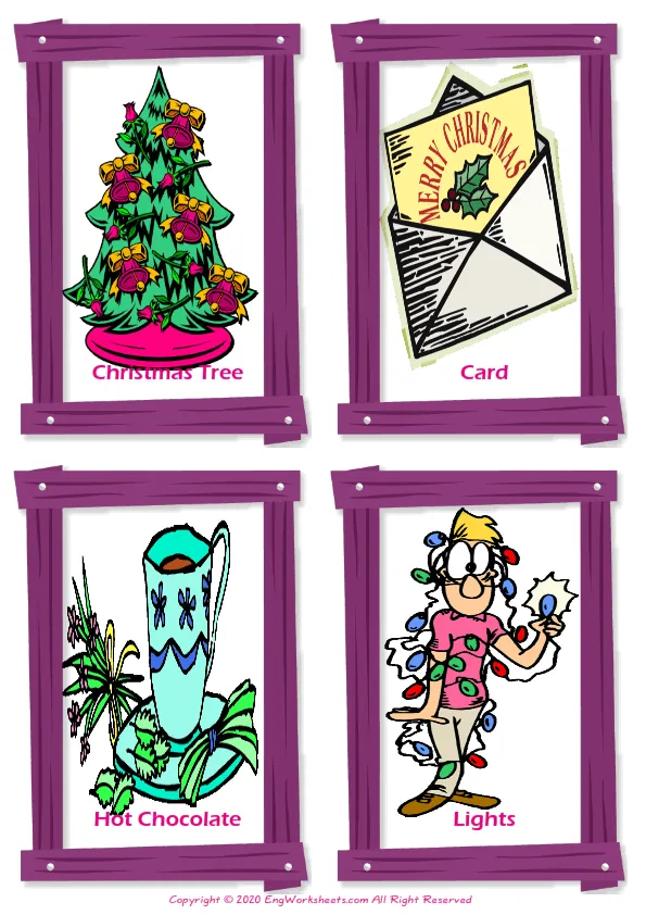 Christmas vocabulary worksheet with words, four images per page