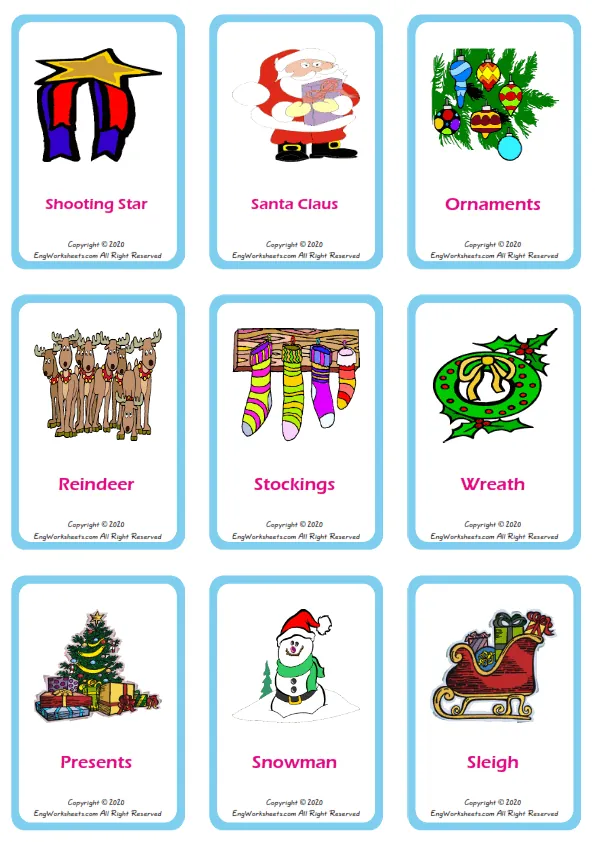 Christmas vocabulary worksheet with words, nine images per page